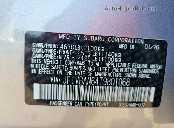 JF1VBAN64T9801068 2026 SUBARU WRX Silver Вид підкапотного простору