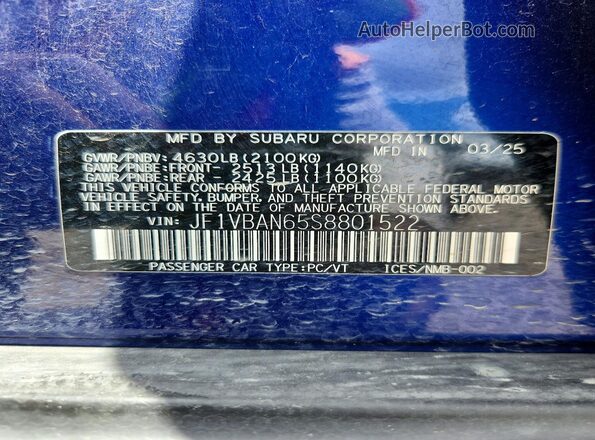 JF1VBAN65S8801522 2025 SUBARU WRX Blue Շարժիչի բաժամունքի տեսք