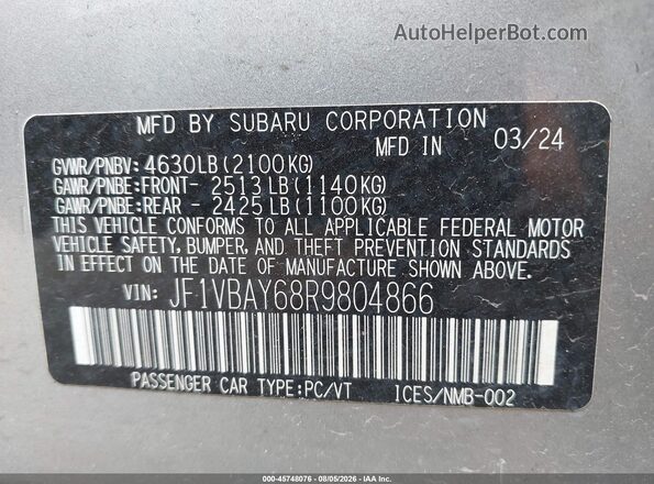 JF1VBAY68R9804866 2024 SUBARU WRX Silver Вид підкапотного простору
