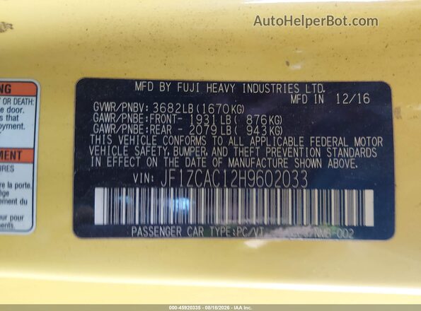 JF1ZCAC12H9602033 2017 SUBARU BRZ Желтый Вид подкапотного пространства