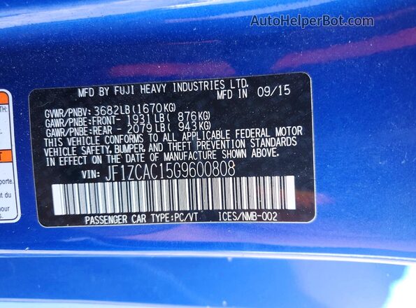 JF1ZCAC15G9600808 2016 SUBARU BRZ Blue VIN կոդի պիտակի տեսք