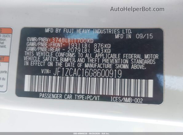 JF1ZCAC16G8600919 2016 SUBARU BRZ White ძრავის განყოფილების ხედი