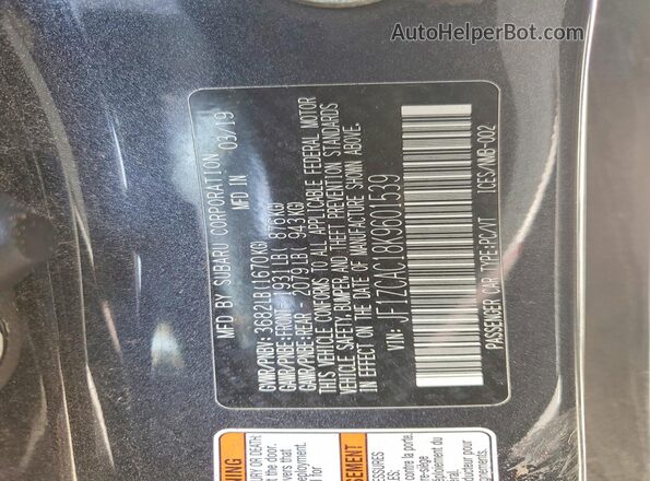 JF1ZCAC18K9601539 2019 SUBARU BRZ Gray Vista de la etiqueta del VIN