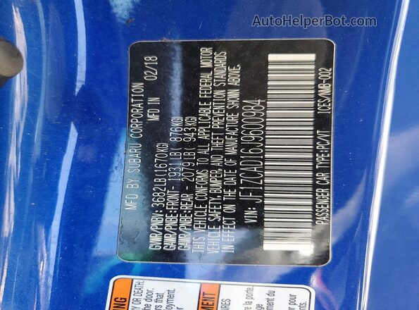 JF1ZCAD16J9600984 2018 SUBARU BRZ Синий Вид наклейки с VIN-кодом
