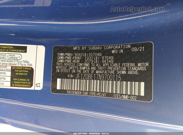 JF1ZDBE17N9700115 2022 SUBARU BRZ Blue Engine compartment view