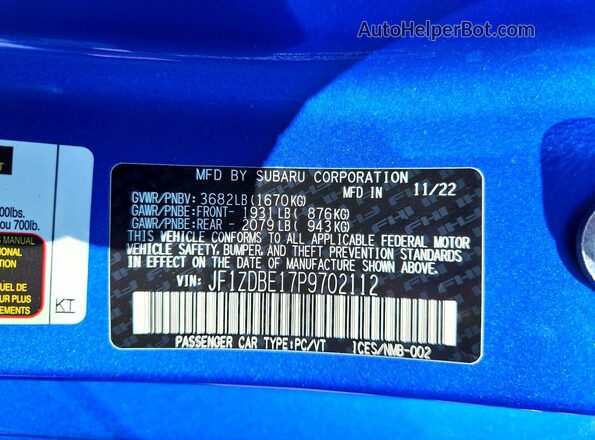 JF1ZDBE17P9702112 2023 SUBARU BRZ Blue Widok naklejki z numerem VIN