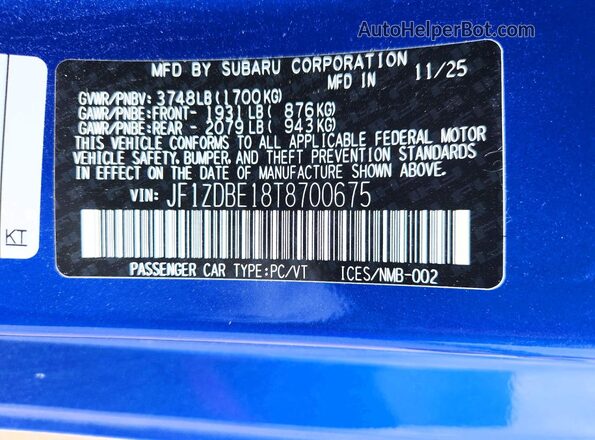 JF1ZDBE18T8700675 2026 SUBARU BRZ Blue Вид наклейки з VIN-кодом