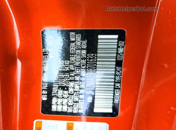 JF1ZNAA13H8701639 2017 TOYOTA 86 Orange Вид наклейки з VIN-кодом