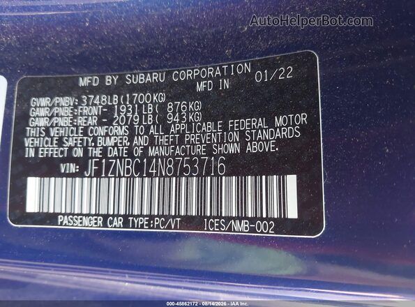 JF1ZNBC14N8753716 2022 TOYOTA GR86 Blue Вид підкапотного простору