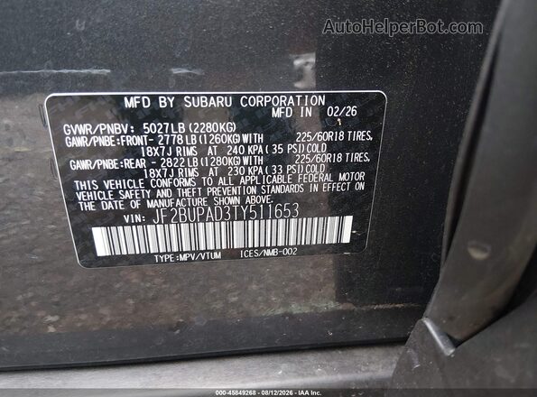 JF2BUPAD3TY511653 2026 SUBARU OUTBACK Gray Engine compartment view