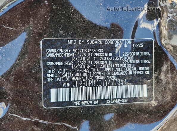JF2BUPBD0TY477847 2026 SUBARU OUTBACK Black VIN კოდის სტიკერის ხედი
