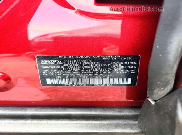JF2BUPBD2TY452240 2026 SUBARU OUTBACK Red Вид підкапотного простору