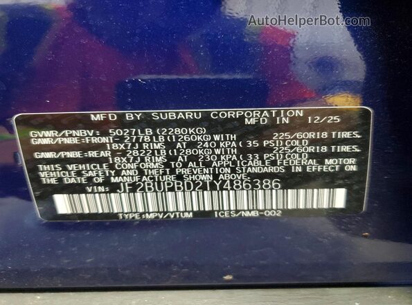 JF2BUPBD2TY486386 2026 SUBARU OUTBACK Blue Вид наклейки з VIN-кодом