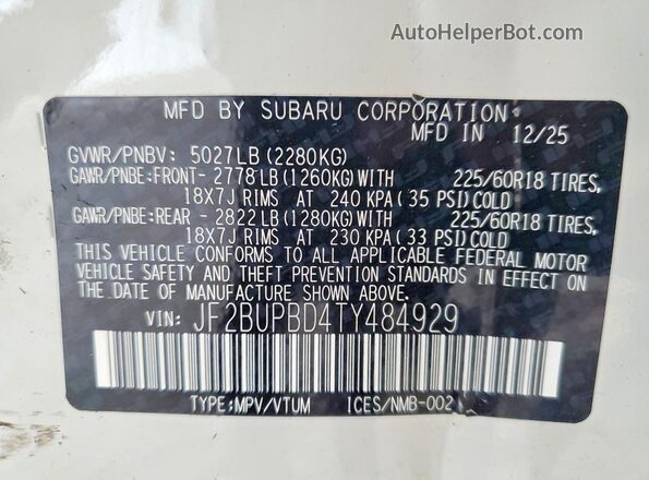 JF2BUPBD4TY484929 2026 SUBARU OUTBACK White Панорамний вид салону 360°