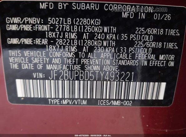 JF2BUPBD5TY493221 2026 SUBARU OUTBACK Burgundy Engine compartment view