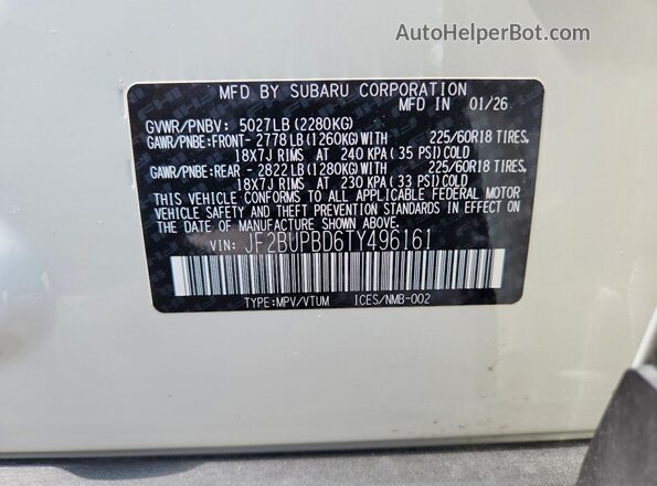 JF2BUPBD6TY496161 2026 SUBARU OUTBACK White VIN კოდის სტიკერის ხედი