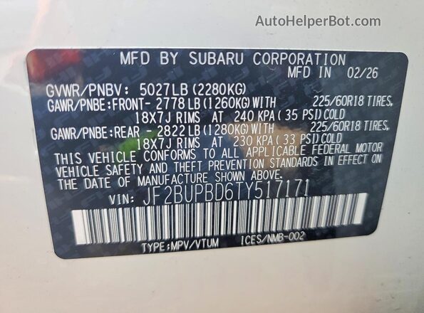 JF2BUPBD6TY517171 2026 SUBARU OUTBACK Белый Панорамный вид салона 360°