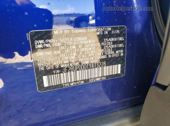 JF2BUPDD0TY473228 2026 SUBARU OUTBACK Blue VIN կոդի պիտակի տեսք
