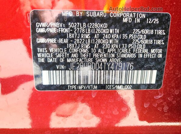 JF2BUPDD4TY479176 2026 SUBARU OUTBACK Maroon Вид наклейки з VIN-кодом