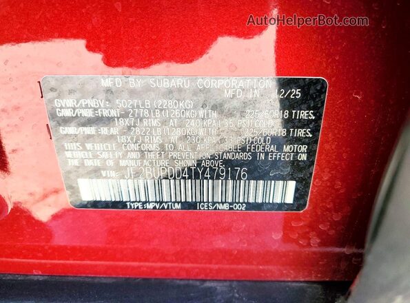 JF2BUPDD4TY479176 2026 SUBARU OUTBACK Red VIN კოდის სტიკერის ხედი