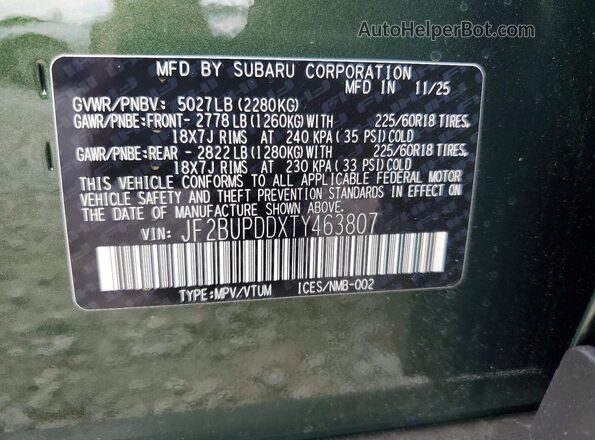 JF2BUPDDXTY463807 2026 SUBARU OUTBACK Green Widok naklejki z numerem VIN