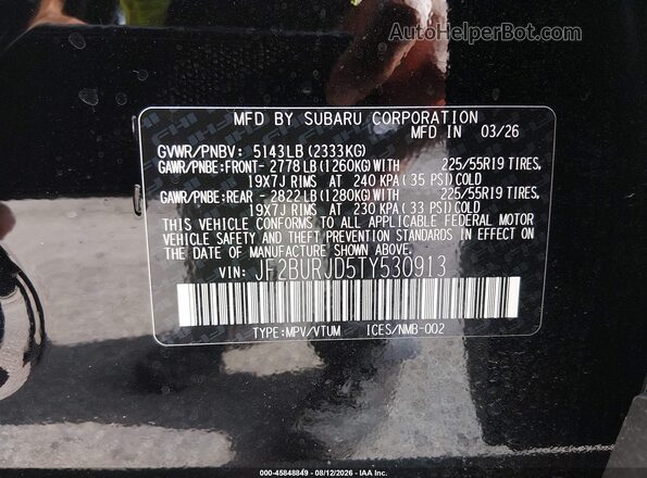 JF2BURJD5TY530913 2026 SUBARU OUTBACK Черный Вид подкапотного пространства