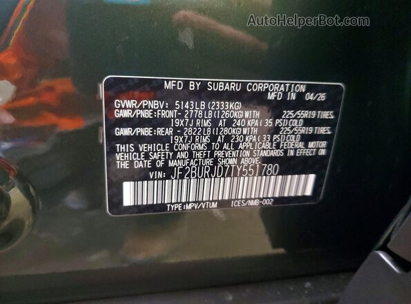 JF2BURJD7TY551780 2026 SUBARU OUTBACK Green Панорамний вид салону 360°