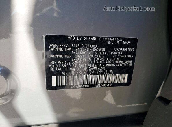 JF2BURJD9TY451096 2026 SUBARU OUTBACK Gray VIN sticker view