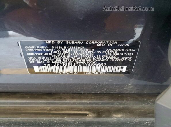JF2BURJDXTY485662 2026 SUBARU OUTBACK Gray 360 interior view