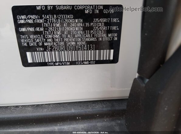 JF2BURLD9TY514131 2026 SUBARU OUTBACK White Engine compartment view