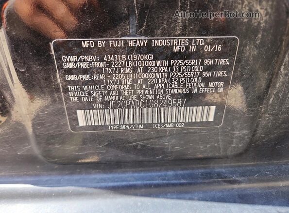 JF2GPABC1G8249587 2016 SUBARU CROSSTREK Black Widok naklejki z numerem VIN