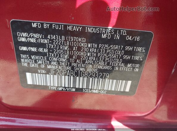 JF2GPABC1G8293279 2016 SUBARU CROSSTREK Burgundy Vista del compartimento del motor