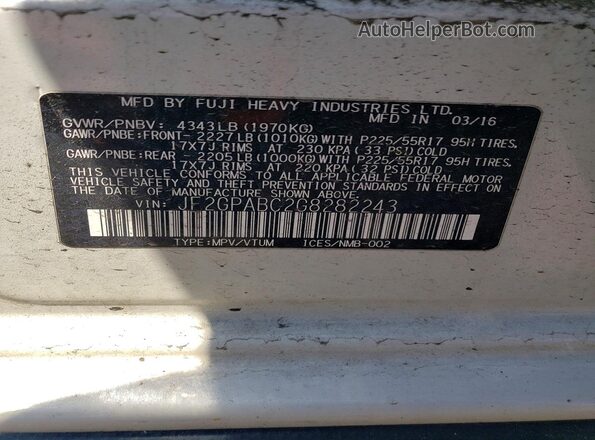 JF2GPABC2G8282243 2016 SUBARU CROSSTREK White Շարժիչի բաժամունքի տեսք