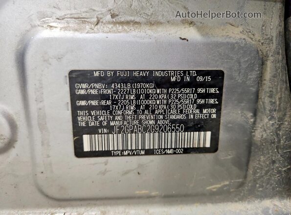 JF2GPABC2G9206550 2016 SUBARU CROSSTREK Silver Vista de la etiqueta del VIN