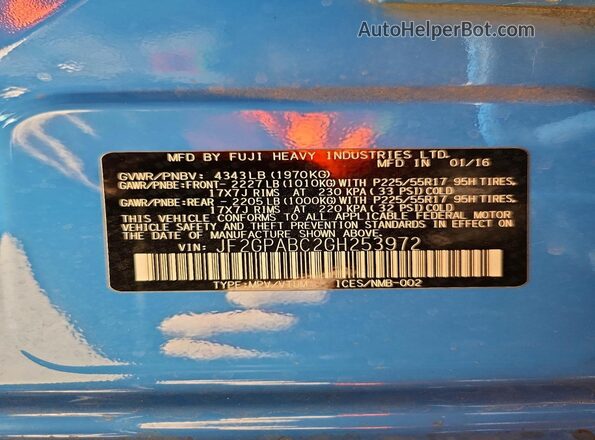 JF2GPABC2GH253972 2016 SUBARU CROSSTREK Blue VIN კოდის სტიკერის ხედი