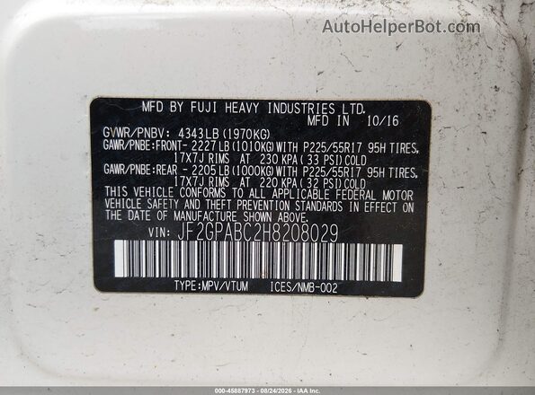 JF2GPABC2H8208029 2017 SUBARU CROSSTREK White Вид підкапотного простору