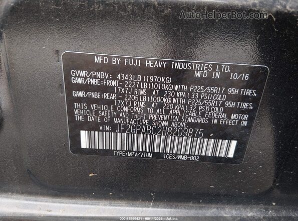 JF2GPABC2H8209875 2017 SUBARU CROSSTREK Gray Engine compartment view