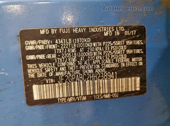 JF2GPABC2HH238941 2017 SUBARU CROSSTREK Blue Widok naklejki z numerem VIN