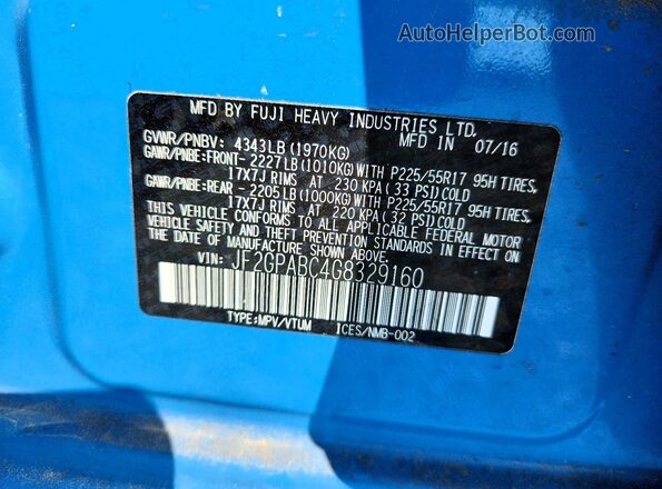 JF2GPABC4G8329160 2016 SUBARU CROSSTREK Blue VIN კოდის სტიკერის ხედი