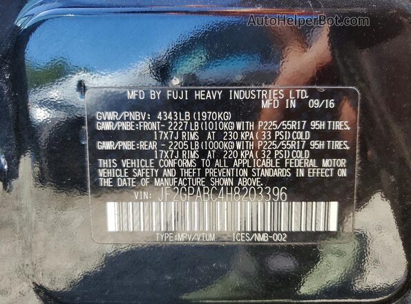JF2GPABC4H8203396 2017 SUBARU CROSSTREK Black VIN sticker view