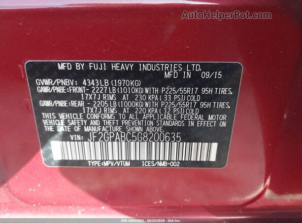 JF2GPABC5G8200635 2016 SUBARU CROSSTREK Red Engine compartment view