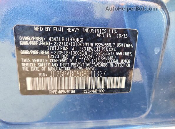 JF2GPABC5G8211327 2016 SUBARU CROSSTREK Синий Вид наклейки с VIN-кодом