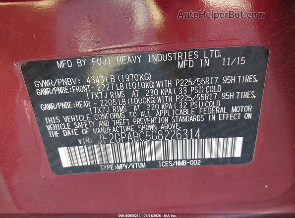 JF2GPABC5G8226314 2016 SUBARU CROSSTREK Burgundy Շարժիչի բաժամունքի տեսք