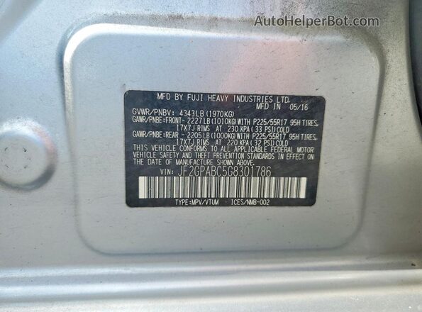 JF2GPABC5G8301786 2016 SUBARU CROSSTREK Silver ძრავის განყოფილების ხედი