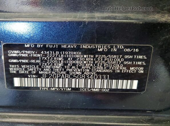 JF2GPABC5G8340331 2016 SUBARU CROSSTREK Charcoal VIN sticker view