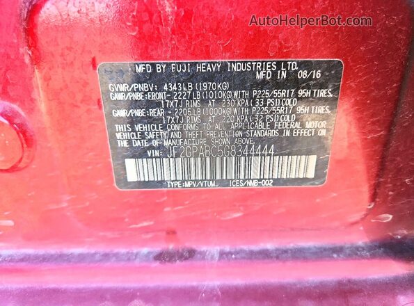 JF2GPABC5G8344444 2016 SUBARU CROSSTREK Бордовый Вид наклейки с VIN-кодом