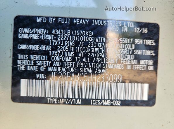 JF2GPABC5HH233099 2017 SUBARU CROSSTREK Cream Вид наклейки з VIN-кодом