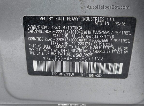 JF2GPABC6G8271133 2016 SUBARU CROSSTREK Silver Շարժիչի բաժամունքի տեսք