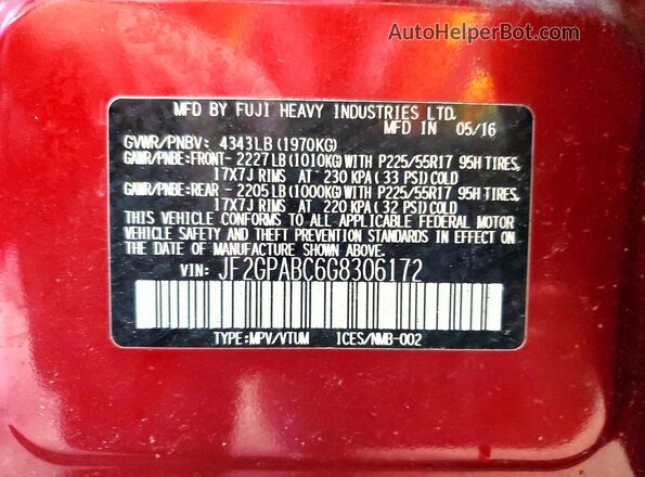 JF2GPABC6G8306172 2016 SUBARU CROSSTREK Maroon Engine compartment view