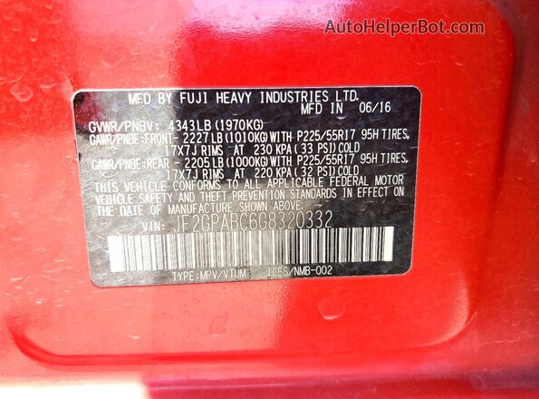 JF2GPABC6G8320332 2016 SUBARU CROSSTREK Красный Вид подкапотного пространства